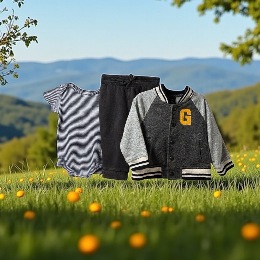 BABY GAP - Gray and Black Varsity Jacket with Striped Bodysuit